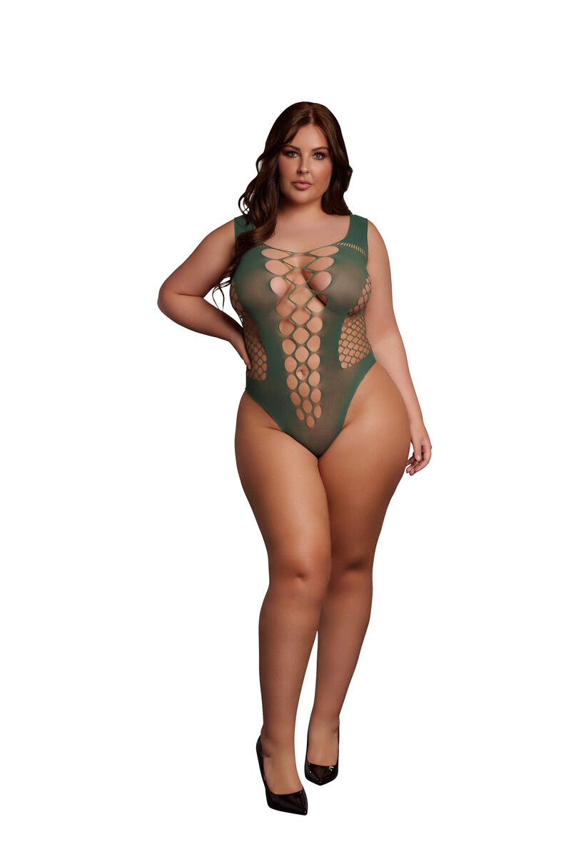 Shots - Le Désir DES019GRNOS - V-Neck Teddy with Opaque Panels - One Size - Midnight Green XS - XL